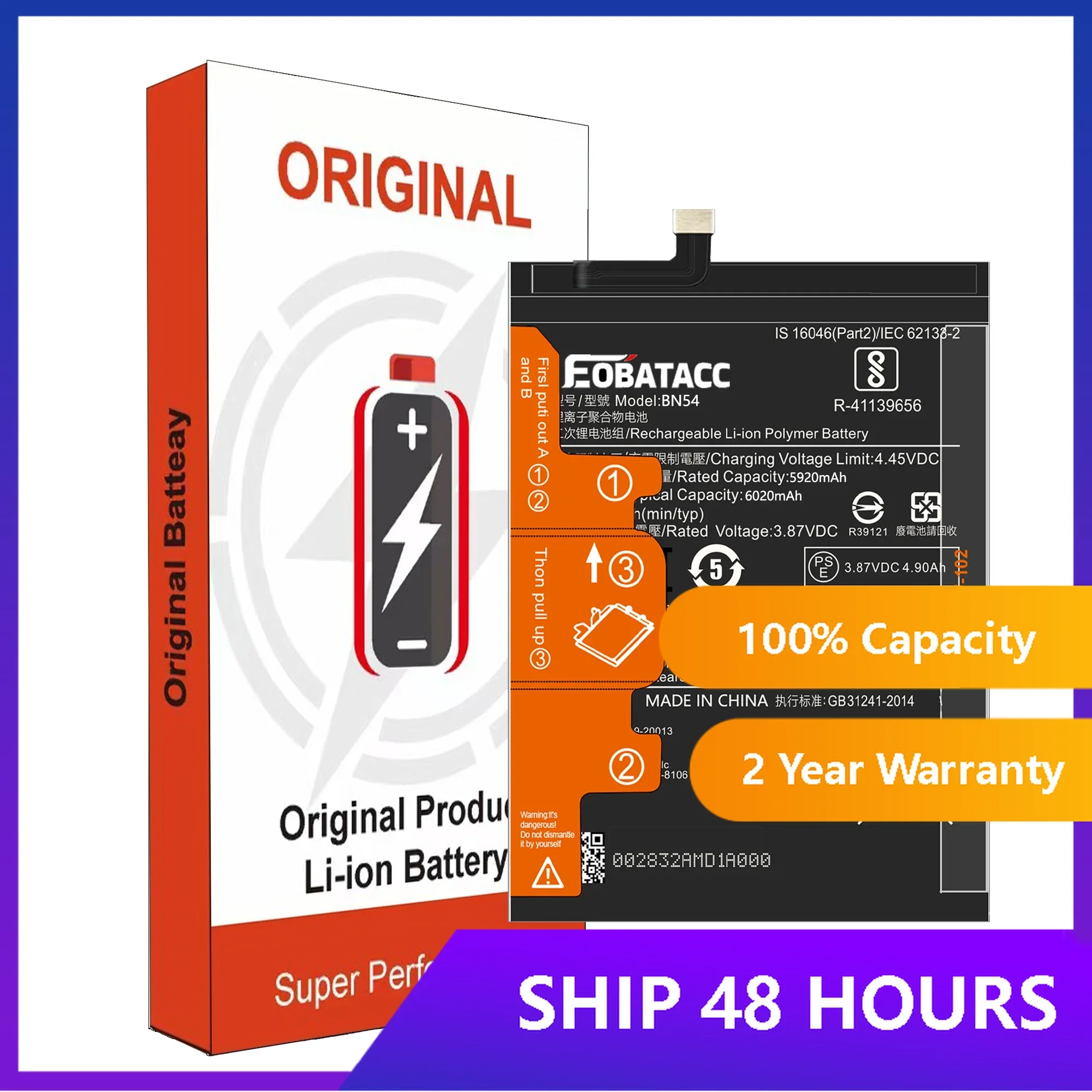 

2025 Years EOBATACC New BN54 High Quality Phone Battery For Xiaomi Redmi Note 9 5G / Redmi 10X 4G 6020mAh Replacement Batteries