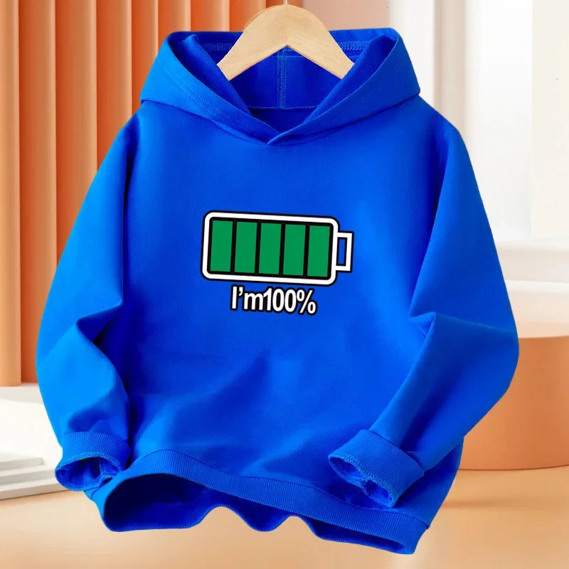 Boys 3-14Year Funny Battery Full /Low Children Hooded Hoodie Tops Kids Sprng Autumn Baby Girls Cute Sweatshirt Pullover Tops