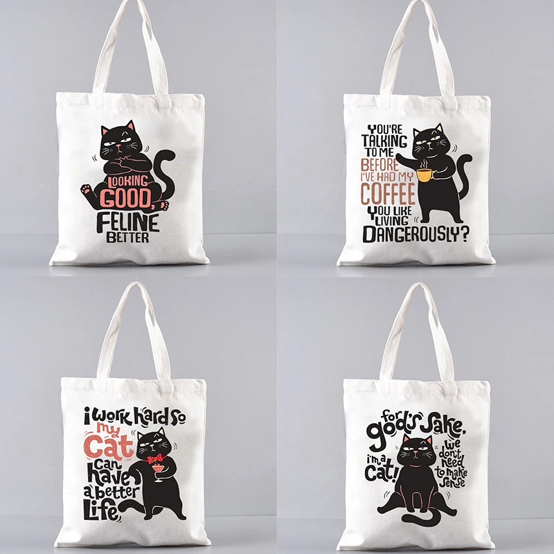 

Black Coffee Cat Shoulder Bag Organizer Large Capacity Multi-purpose Handbag Travel Storage Tote Bags Reusable Shopping Bag Gift