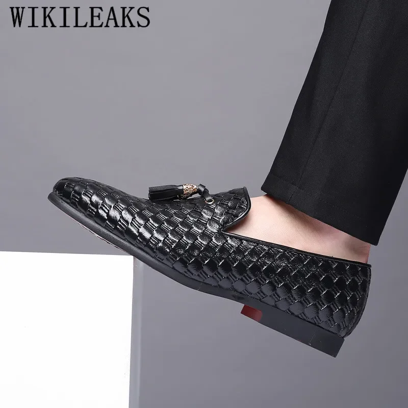 Tassels Mens Dress Shoes Leather Weave Oxford Shoes For Men Loafers Italy Black White Derby Formal Wedding Shoes Plus Size 38-48