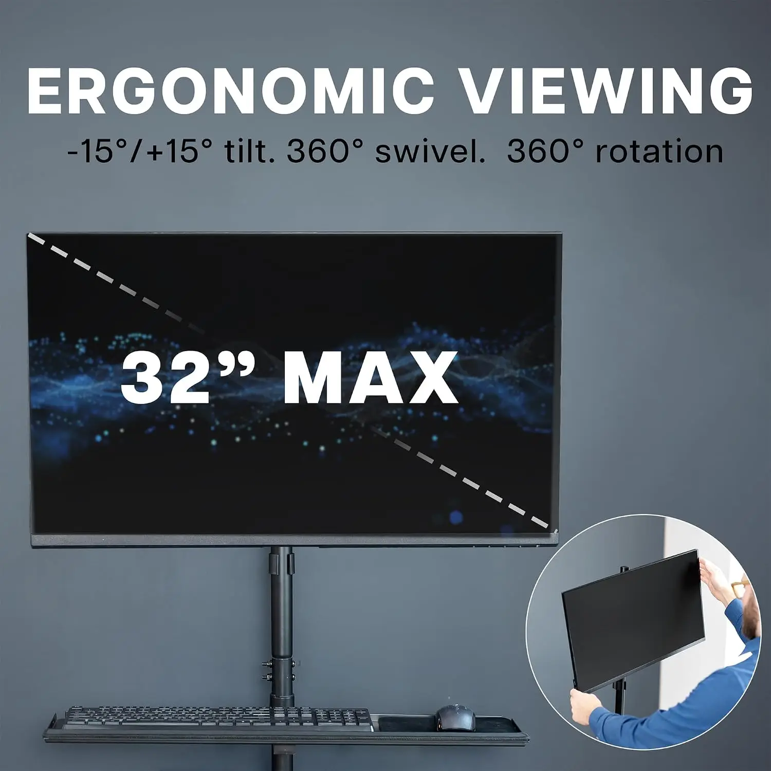 Black Rolling Computer Cart With Monitor Mount For 17 To 32 Inch Screens, Portable PC Desk Workstation, Full Keyboard Tray, Adjustable CPU Holder, Rolling Mobile Office Cart Set view 6
