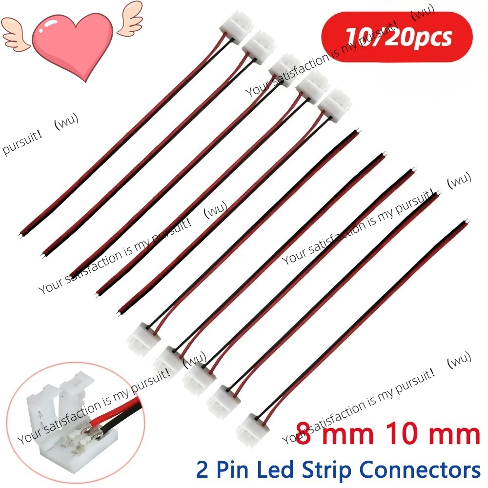 10/20 2-pin LED cable connectors 8/10mm, no need to solder 2-pin LED strip connectors, suitable for 2835/5050 LED strip