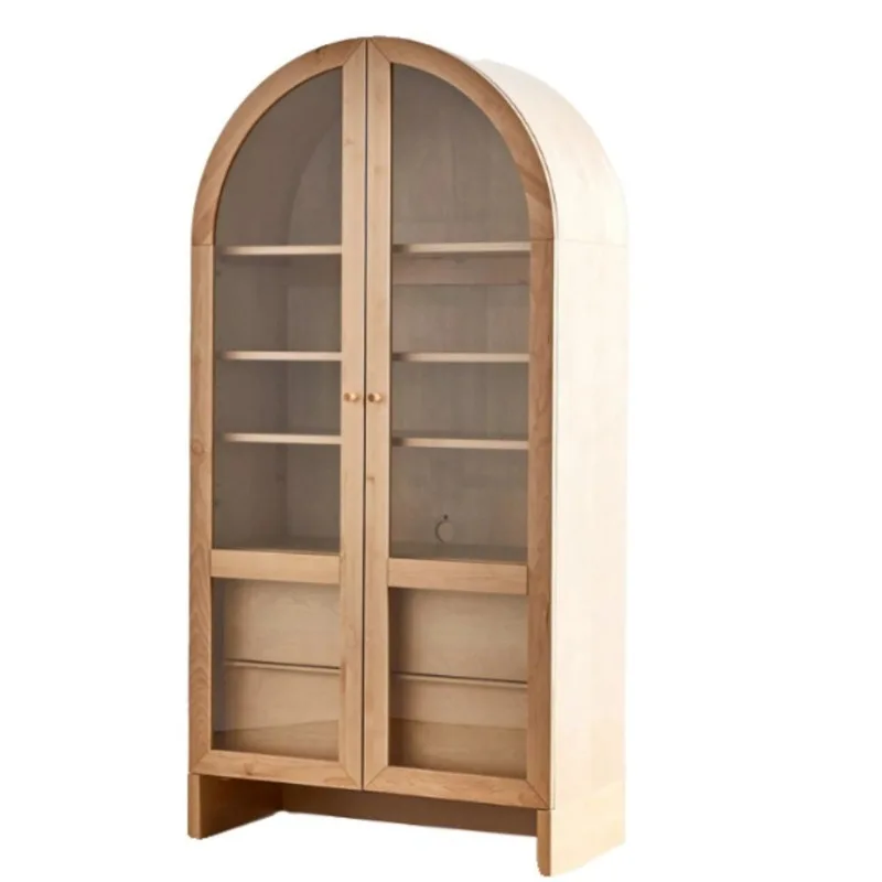 

solid wood bookcase modern simple black arched glass door living room French retro wine cabinet