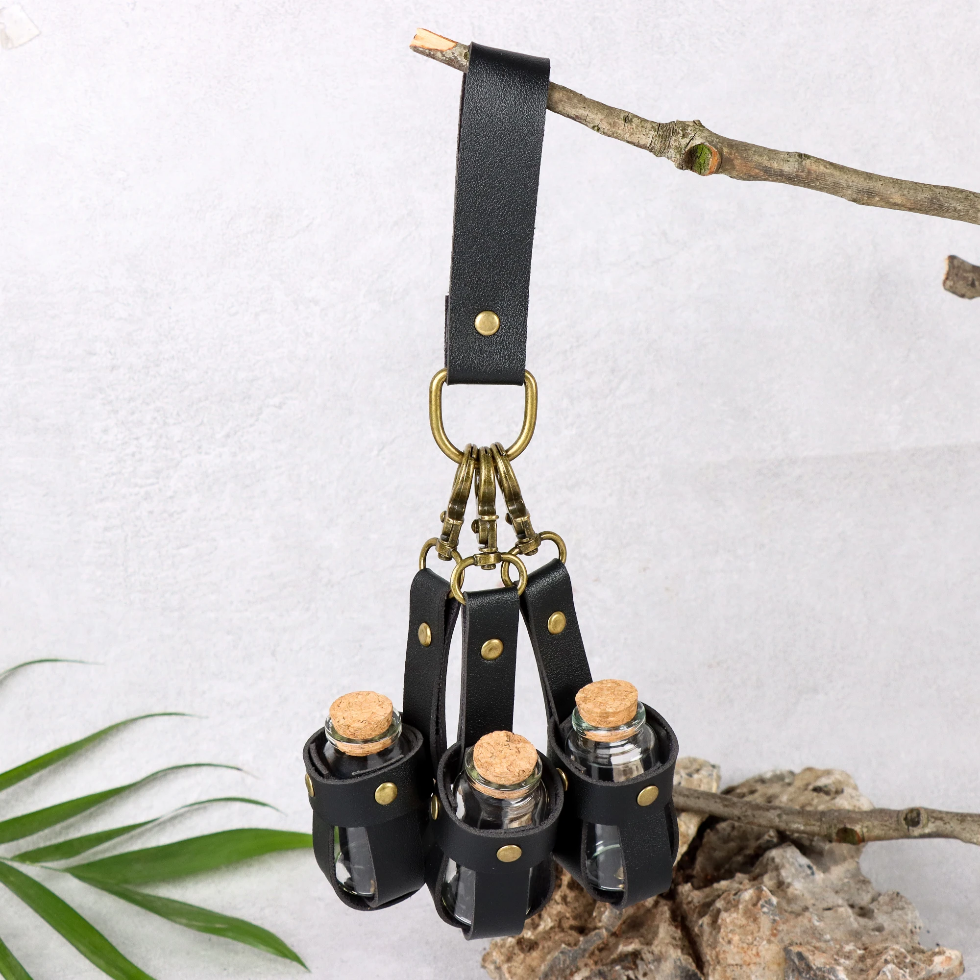 Medieval Alchemy Vials PU Leather Strap with 3 Vials - Faux Potion Bottle Accessory for Renaissance Fairs and Cosplay Belts