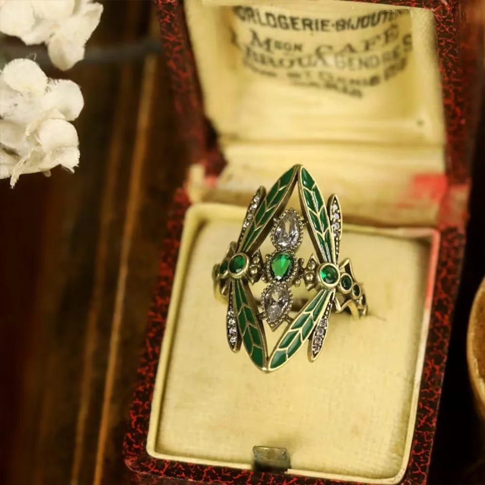 Retro Bohemia Green Glazed Crystal Dragonfly Wide Opening Adjustable Rings for Women Exquisite Luxury Jewelry Accessories Gifts view 2