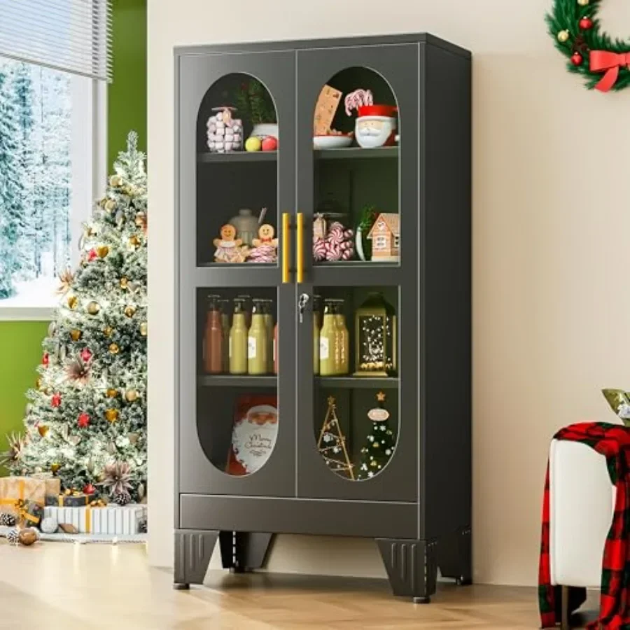 47 Tall Metal Curio Cabinet for Living Room, Black Steel, 4-Tier Locking Glass Display Case with 3 Adjustable Shelves, Ideal Fo