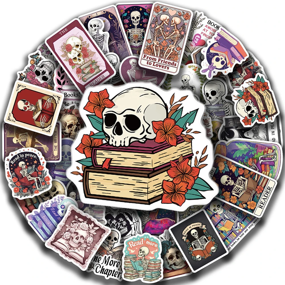 10/30/50pcs Skeleton Skull Reading Book Stickers Cartoon Gothic Aesthetic Sticker DIY Scrapbook Guitar Phone Waterproof Decals