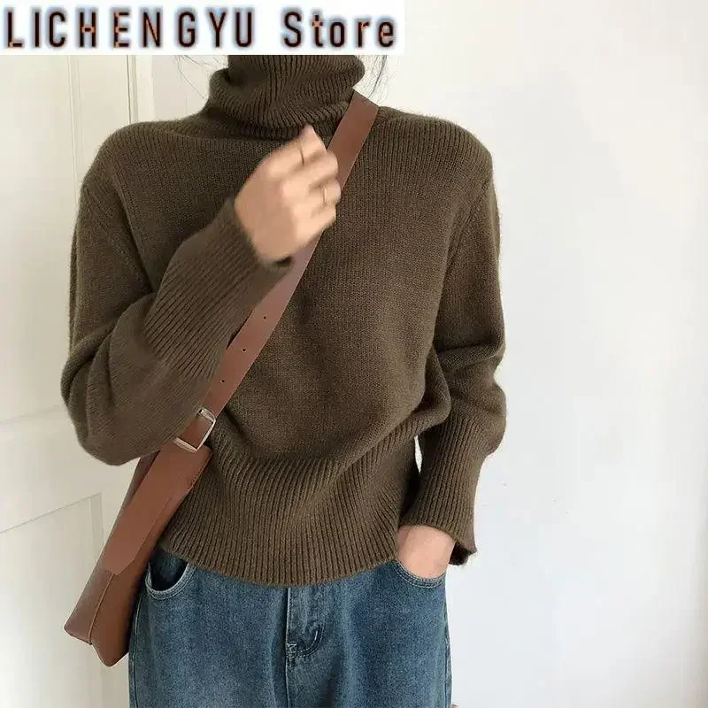 

New Korean Style Turtleneck Sweater Soild Basic Knitted Pullovers Fashion Long Sleeve Winter Tops Female Jumpers Brown White