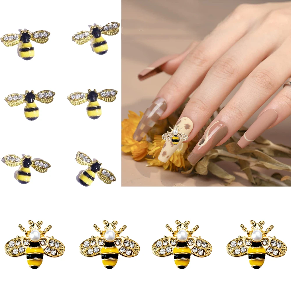 10Pcs/Lot Vintage Rhinestone Nail Charms 3D Enamel Bee Spider Bear Metal Alloy Crystal Jewelry Manicure DIY Nail Art Decorations