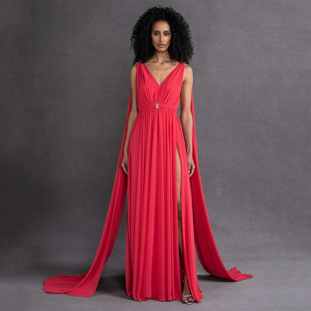 

Sexy Evening Dresses for Women 2025 V Neck A Line Sleeveless Chiffon Evening Gowns Long Side Split A Line Draped Formal Dress