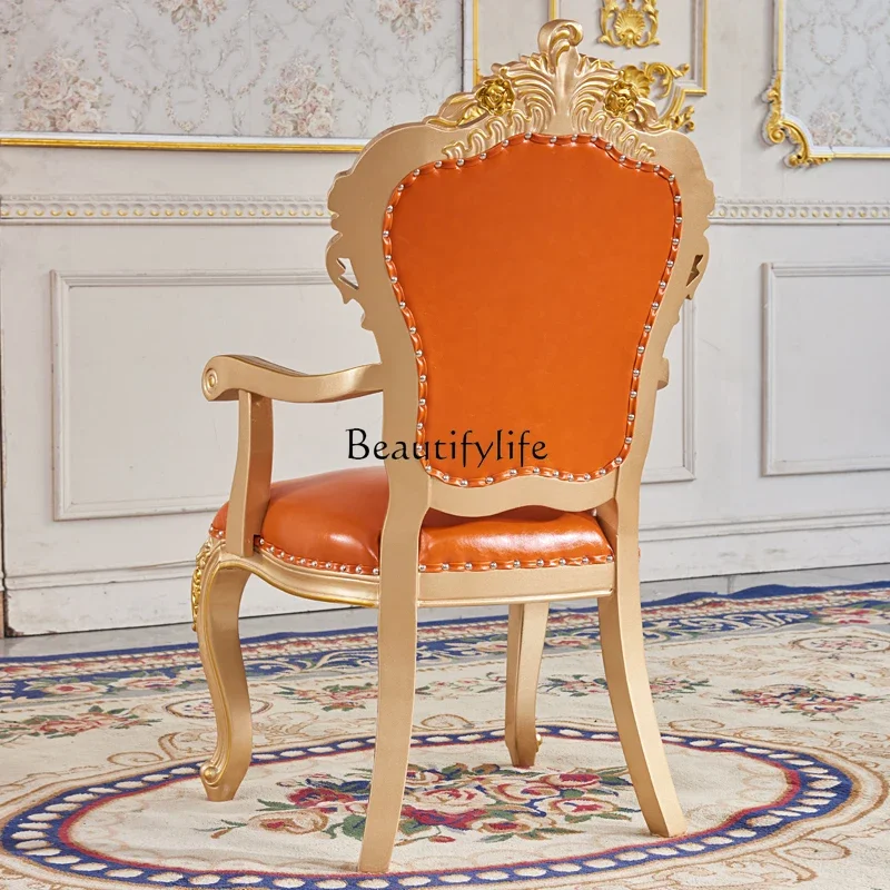 European dining chair guest American hall solid wood double-sided carved first layer leather household armrest back chair