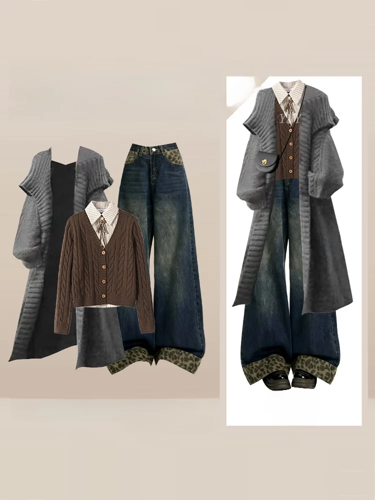 

mat Winter American College Sle Outfit Tee-Piece Set Coat Sweater Wide Leg Pants Slimming High Waist Long Sve