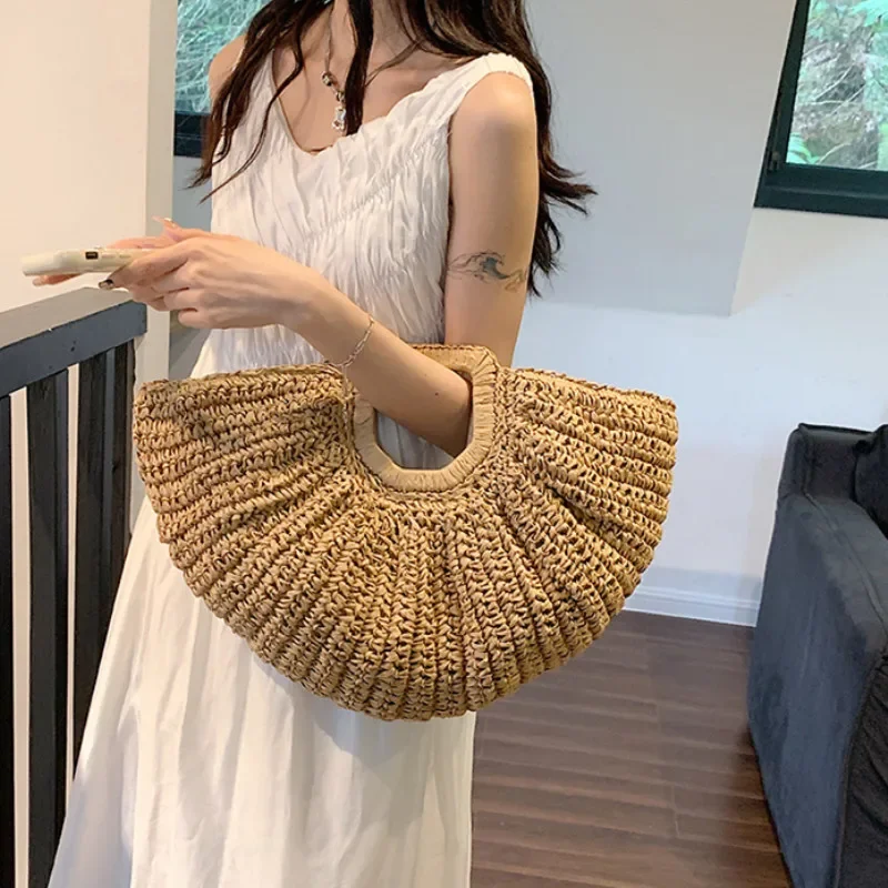 

Ladies Moon Design Basket Shopper Bag Beach Straw Bag Summer Woven Travel Handbag for Women Luxury Large Capacity Shoulder Bags