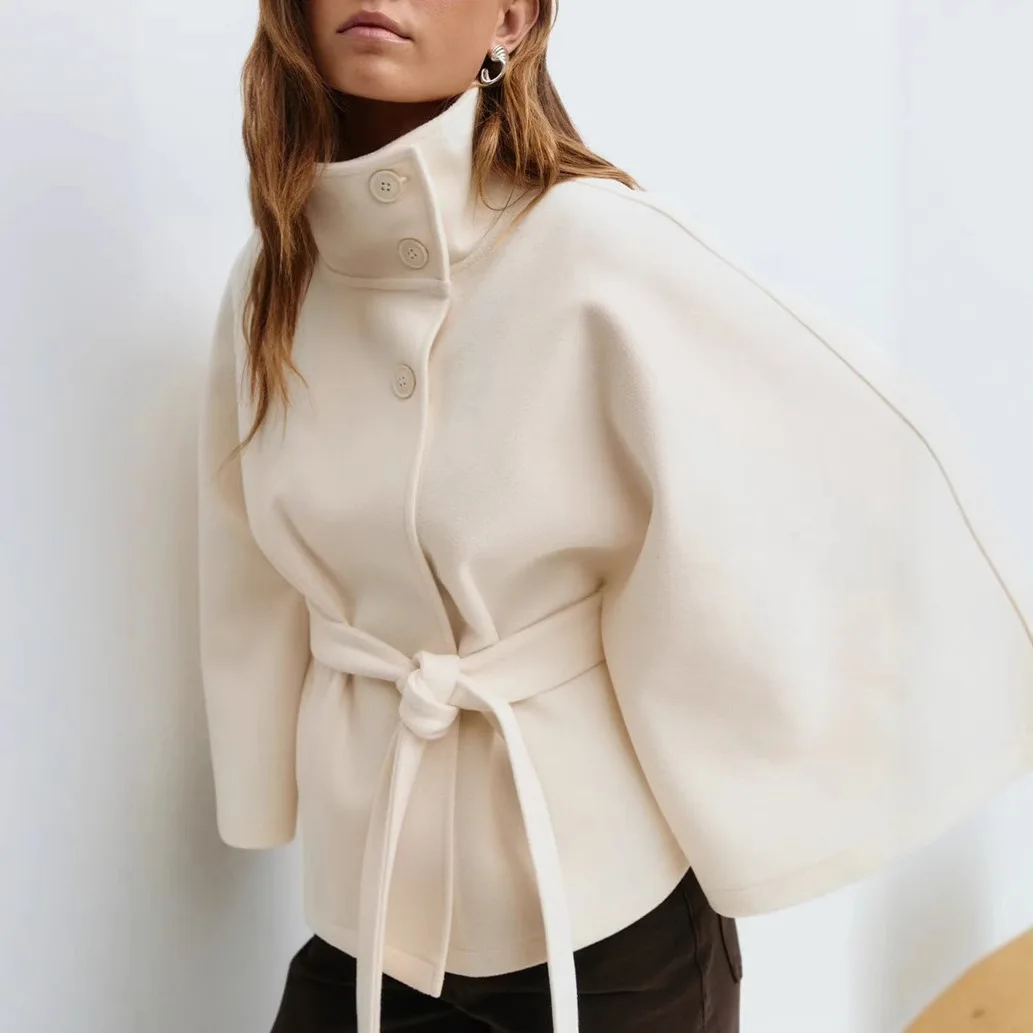 패션 여성 크롭 케이프 코트 빈티지 레이스업 벨트 숏 재킷 신상 가을 겨울 아우터웨어 스탠드 칼라 루즈 숏 코트