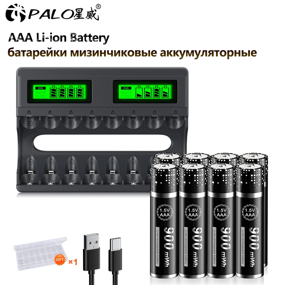 

PALO 1.5V AAA Lithium Ion Rechargeable Batteries AAA Cells HR3 Li-ion Battery & 8 Slots Smart Charger for 1.5V AAA AA Battery