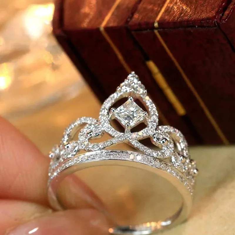 Exquisite Female Ring Real 925 Sterling Silver Princess Crown Cross Zircon Finger Rings for Women Statement Jewelry Gift Anillos