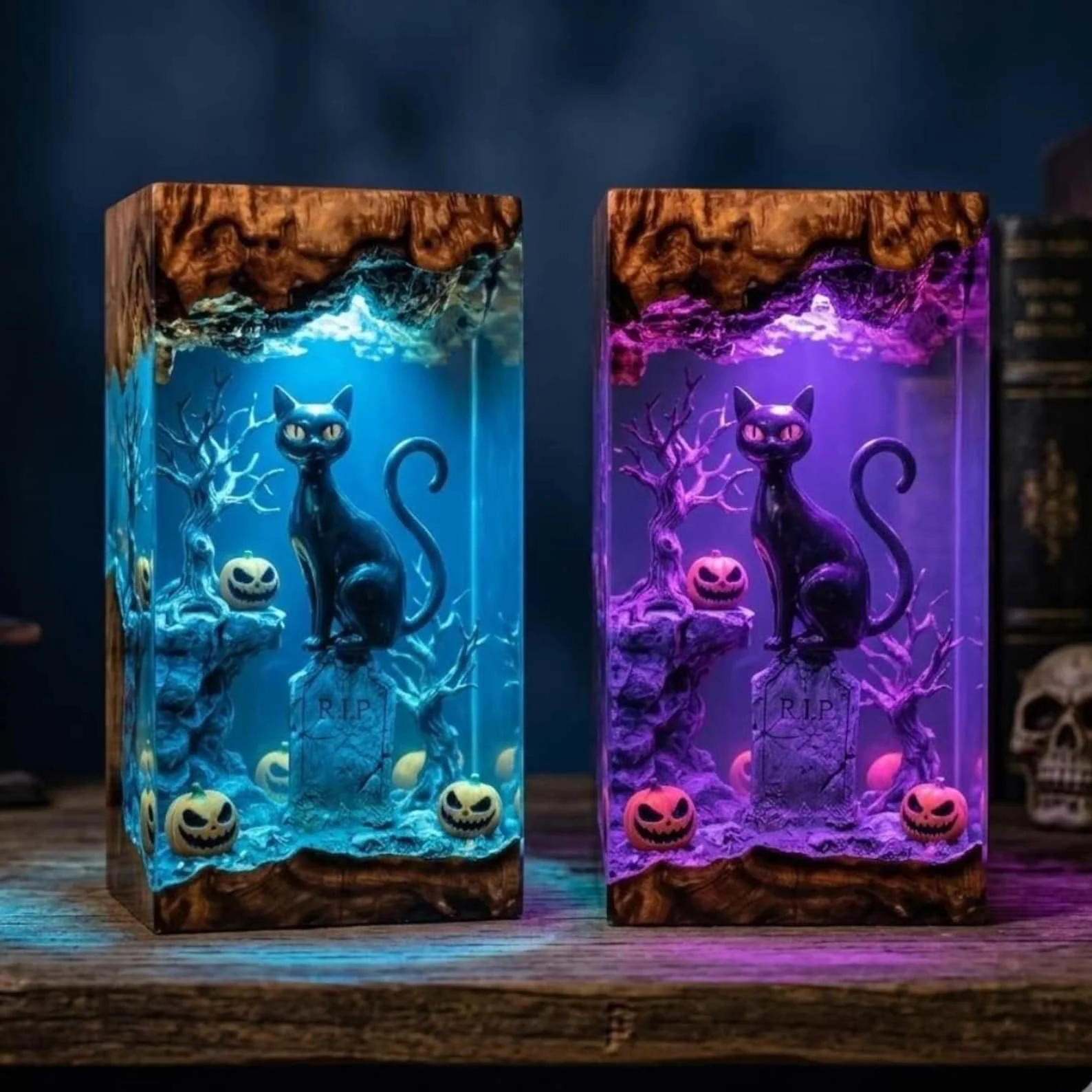 15cm LED Night Light Black Cat Pumpkin Lamp Halloween Gothic Resin Table Lamp Spooky Haunted Desk Room Decoration Gift