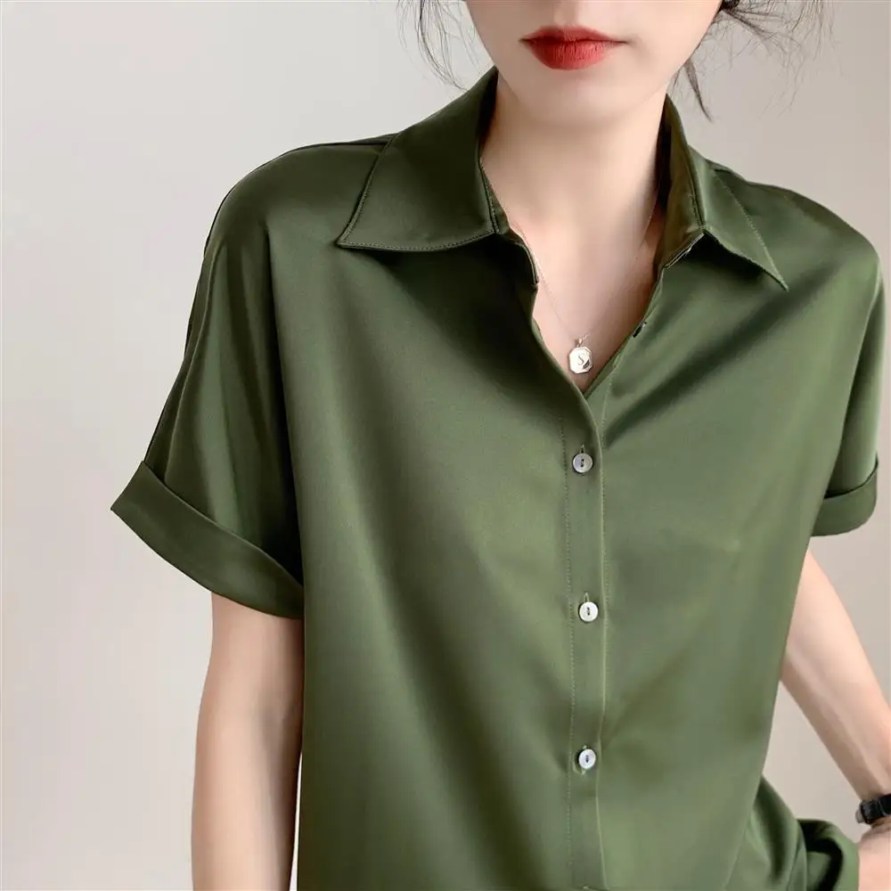 Retro Hong Kong Style Solid Color Elegant Temperament Short Sleeved Shirt Summer New Fashionable Simple Loose Slim Women\'s Top