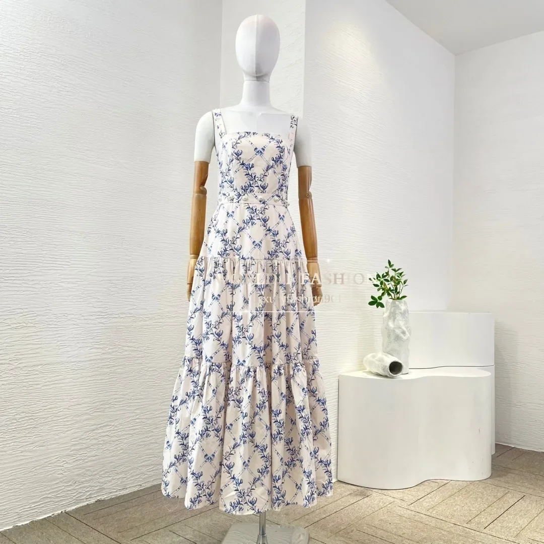 

2025 New White Floral Print Sleeveless Pearls Pleat Hem Midi Dress