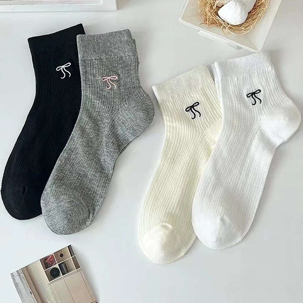 

4PCS Summer Sweet Lolita Lace Bow Short Socks Women Hollow Out Sock Casual Crew Loose Sox Mid-tube Thin Stockings Streetwears