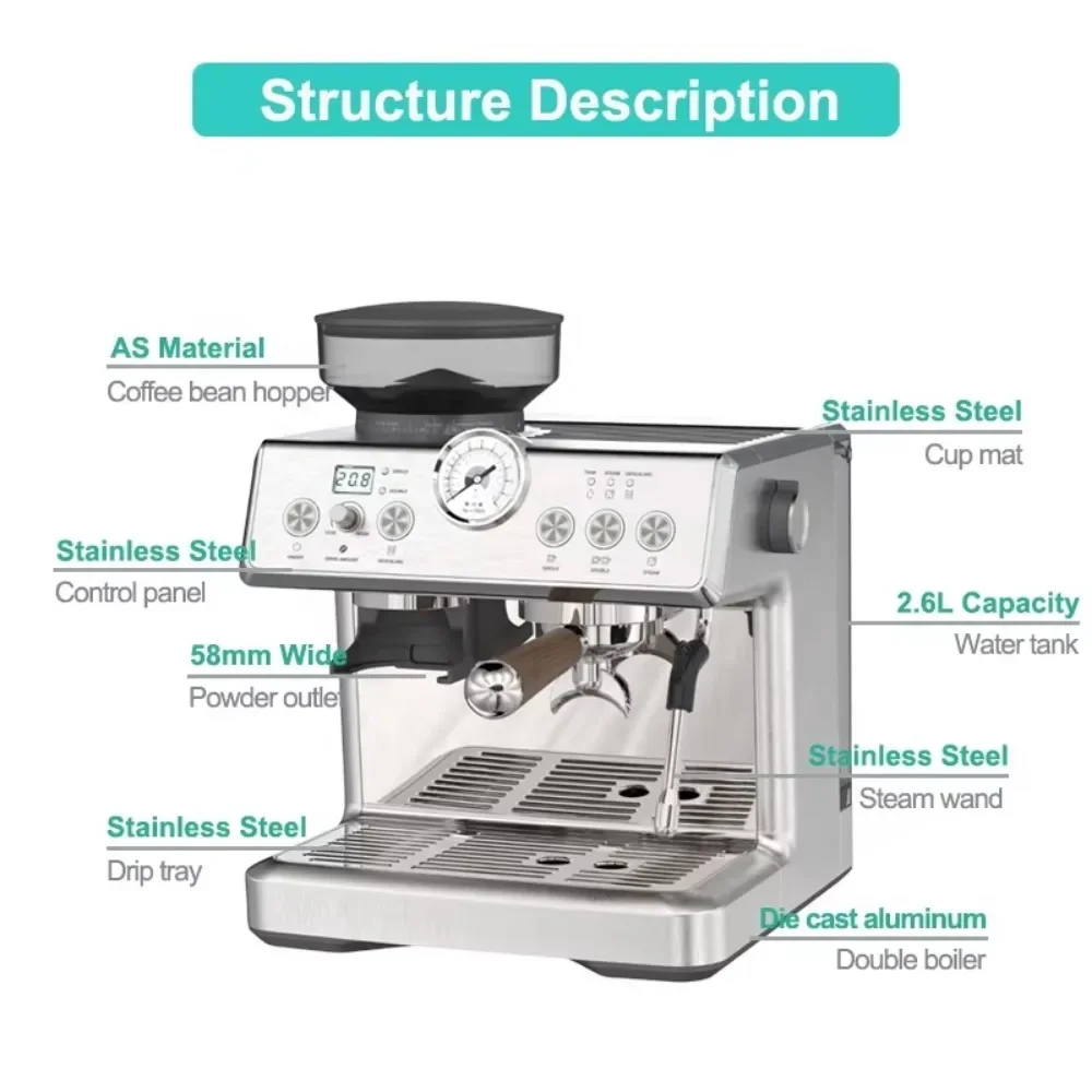 Espresso Coffee Maker with Grinder 2200W Multifunctional Automatic Germany Coffee Machine Automatic Coffee Machine