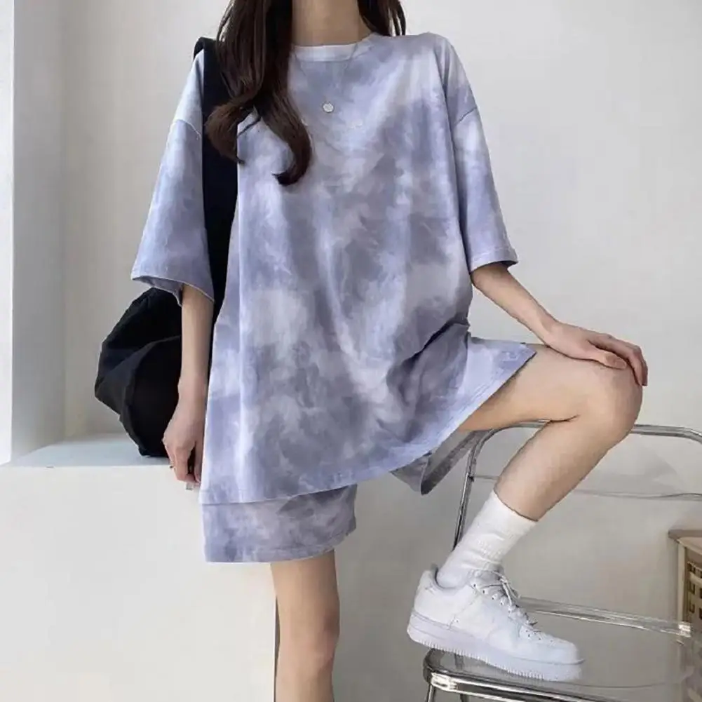 

Women T-Shirt Shorts Suit Set Casual Tie Dye Loose Tshirt And Wide Leg Middle Shorts With Pockets Female Soft Summer Shorts Sets