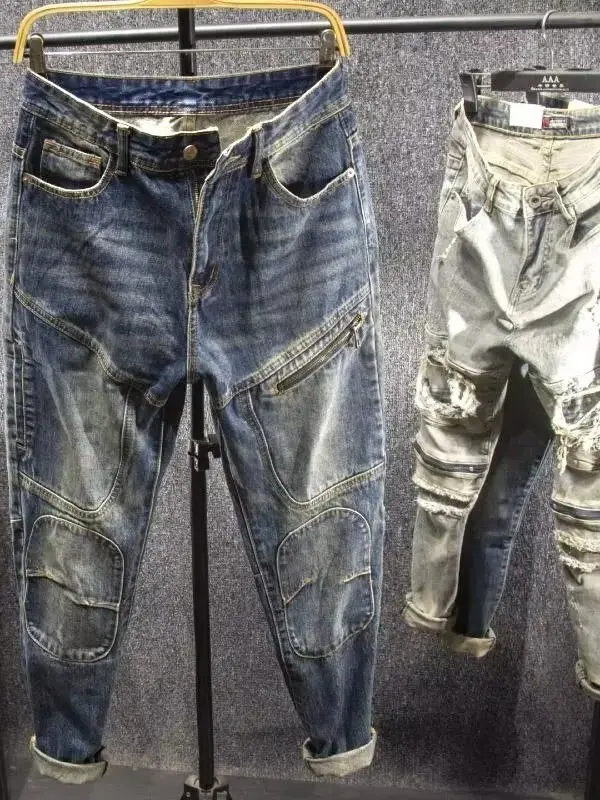 

Мужские джинсы прямого кроя в стиле ретро с декоративными вставками на молнии, повседневные брюки для осени и зимы, износостойкие, эластичные, утепленные