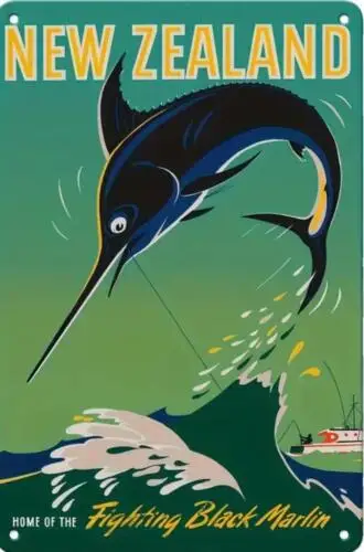 MARLIN FISHING METAL TIN SIGN NEW ZEALAND HOME OF THE FIGHTING BLACK MARLIN -ART