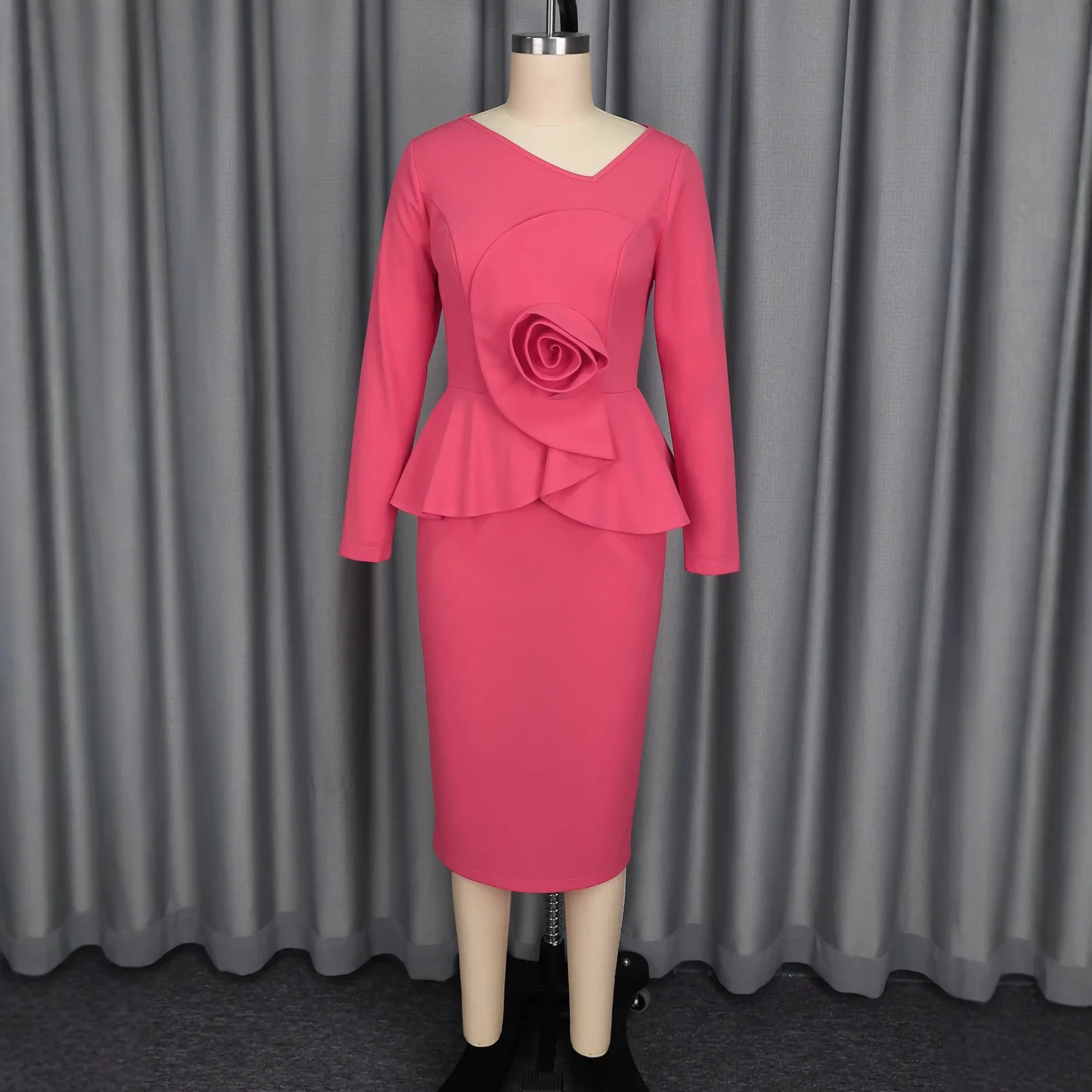 

L-4XL Plus Size African Dresses for Women Autumn Elegant African Long Sleeve V-neck Polyester Party Evening Bodycon Midi Dresses