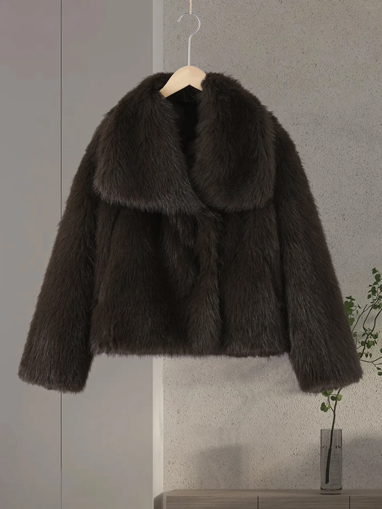 Luxury Thicken Brown Women's Faux Fur Coats Loose Lapel Long Sleeve Furry Overcoat 2025 Winter Lady New in Fashion Outwear