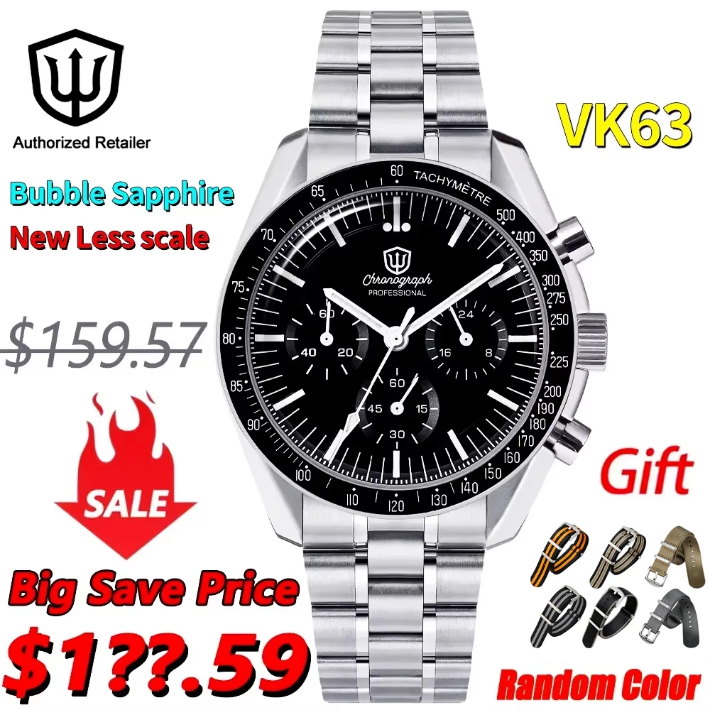 Watchdives WD1863 Quartz Watch VK63 Chronograph Movement Bubble Sapphire Crystal 10Bar Waterproof Luminous 39mm Vintage Watches