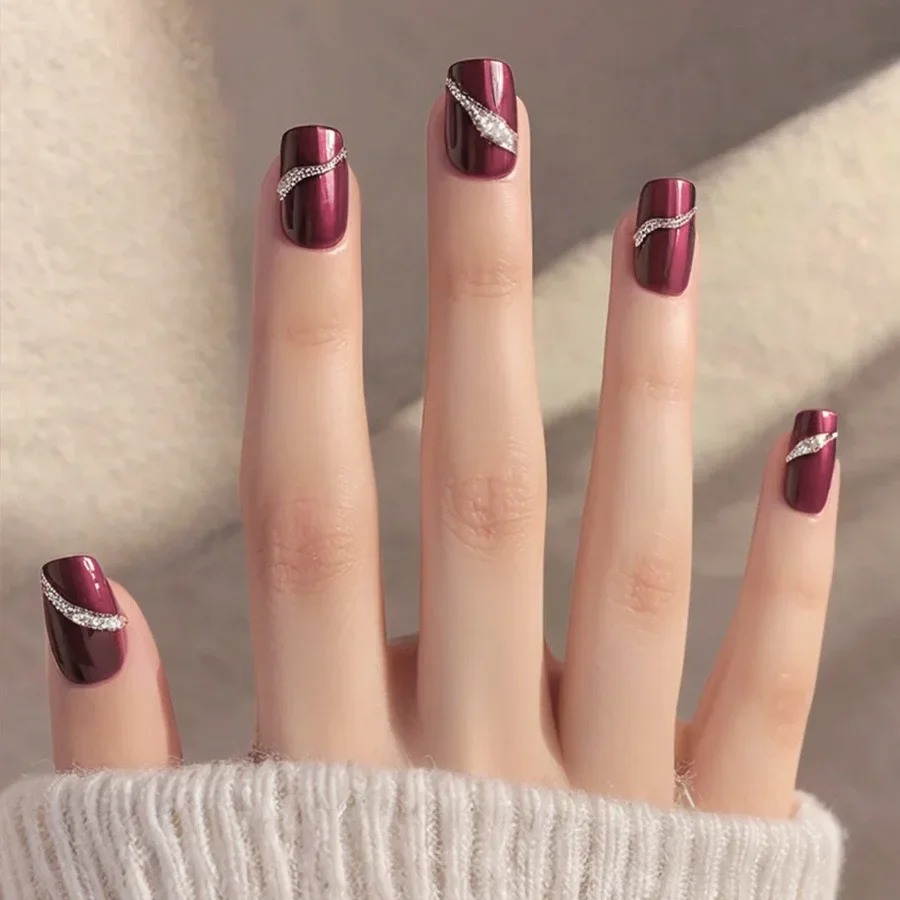 24Pcs Fog Blue Butterfly False Nails with Rhinestone Short Ballet Square Press on Nails Full Cover Nail Manicure Tool Nail Art