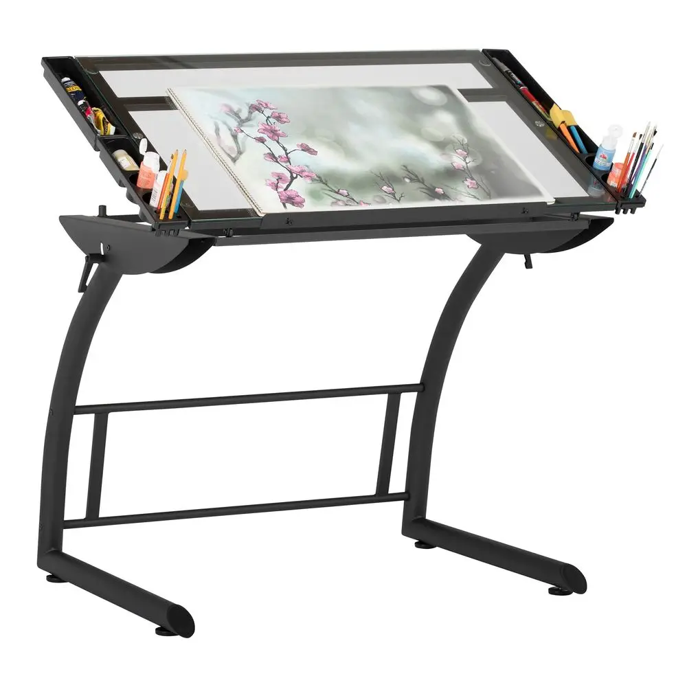 

Triflex Drawing Table, Sit to Stand Up Adjustable Office Home Computer Desk, 35.25 W X 23.5 D, Charcoal Black Clear Glass