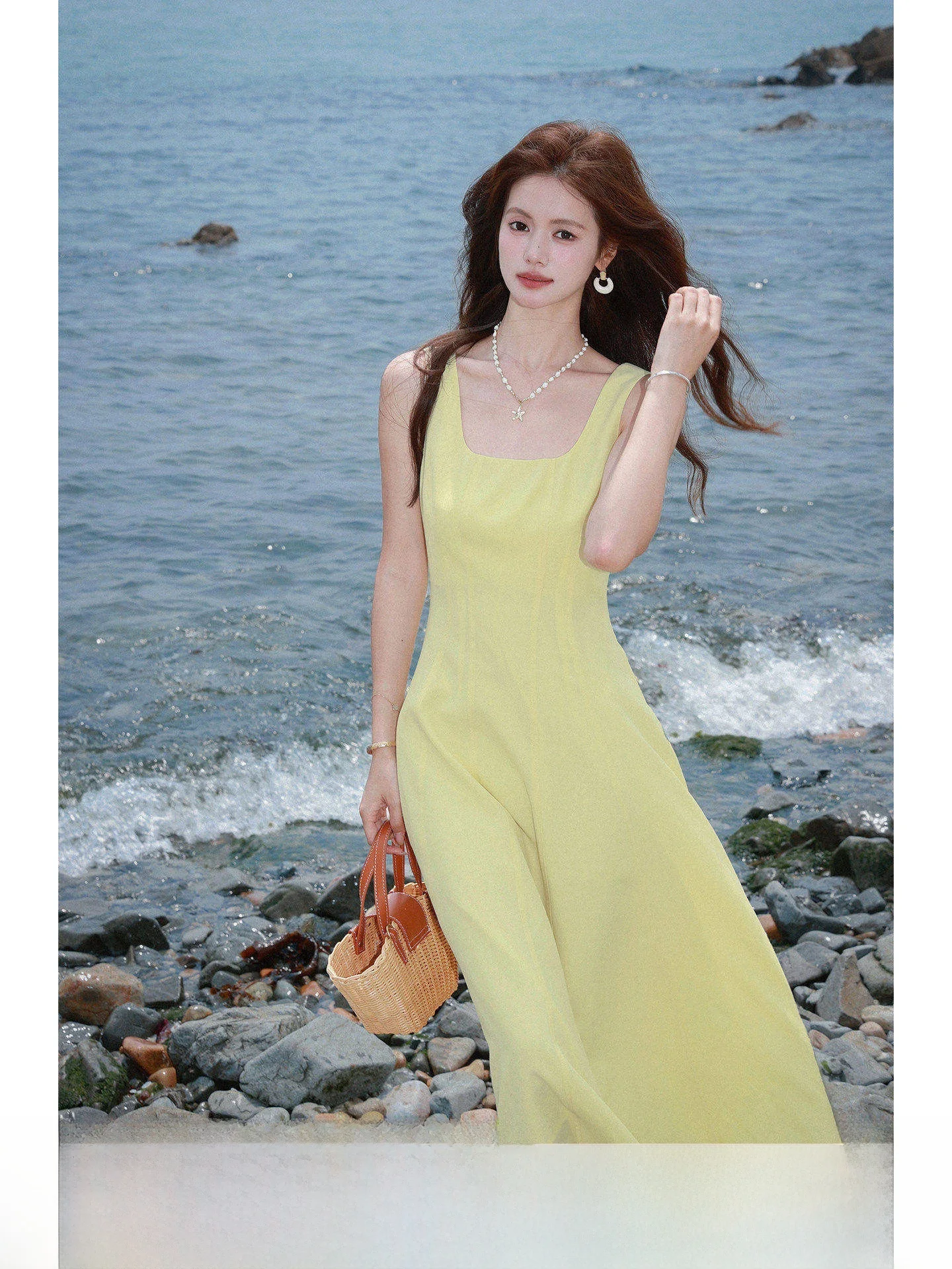 

Pure Color A-Line Long Skirt Vest Dress Women's High Waist U-Neck Sleeveless Holiday Style Belted Waist Dress