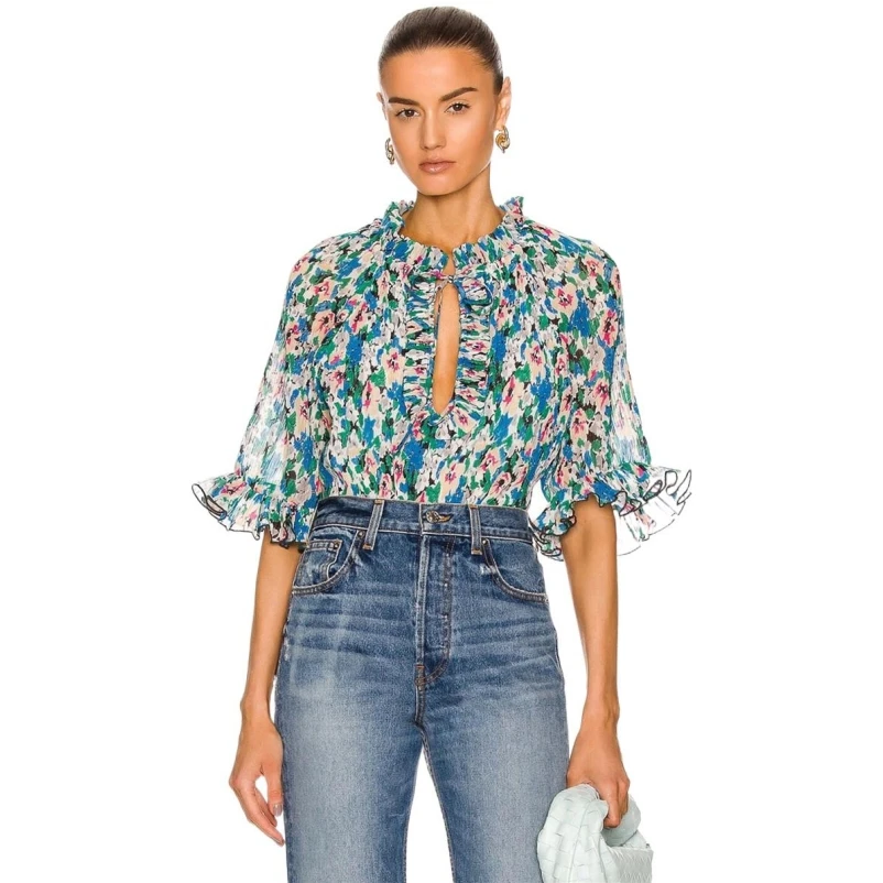 

2024 Women Spring Design Sense Chiffon Sexy Necklace Tie Ruffled Sweet Blue Floral Chic Vintage Tops Butterfly Sleeve Blouses