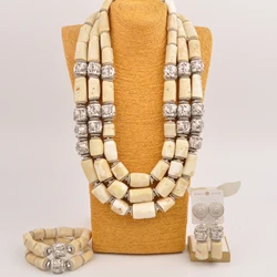 26inches 3Layers White Natural Coral Bead Necklace 2Bracelets Nigerian Wedding African Jewelry Set