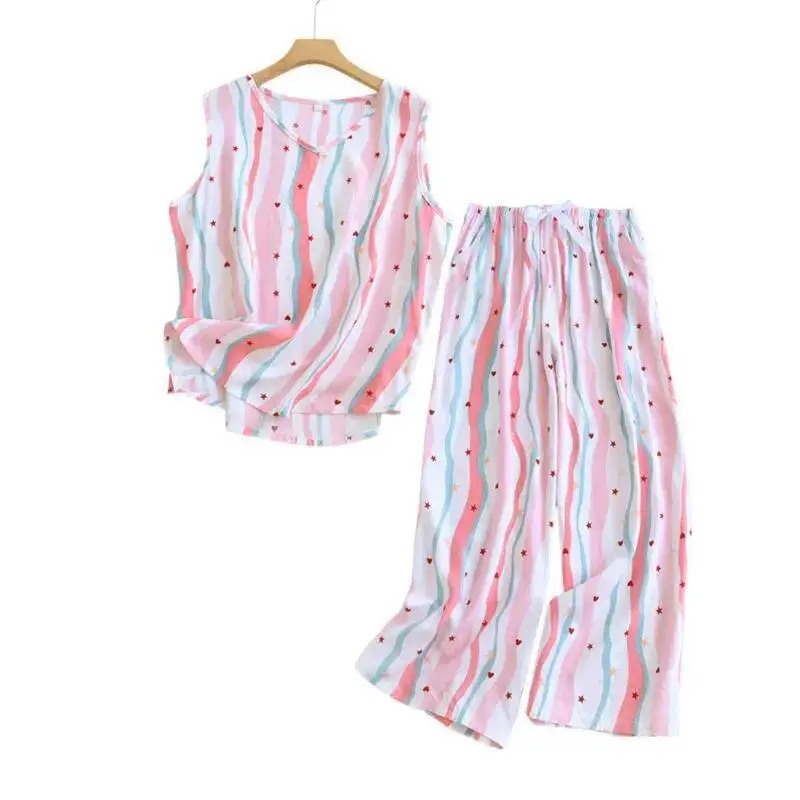 

Летние тонкие топы без рукавов из хлопка и вискозы с укороченными брюками, комплект из 2 предметов, женская свободная и гладкая домашняя одежда