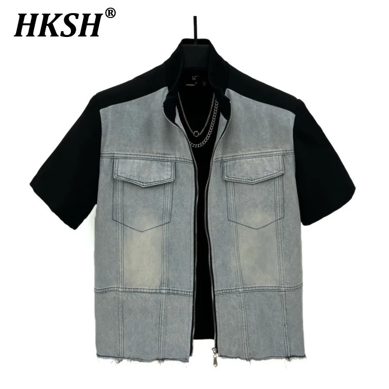 

HKSH Spring Summer New Men's Tide Y2K Washed Denim Shirt Coat Patchwork Trendy Spliced Jacket Shoulder Pad Dark Coats Ins HK6120
