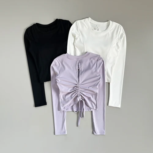 Imagen 1 del producto Exquisito top deportivo sexy con espalda descubierta para mujer, con almohadillas en el pecho, traje de yoga con cordón ajustable para fitness y pilates, de manga larga y corte ajustado.