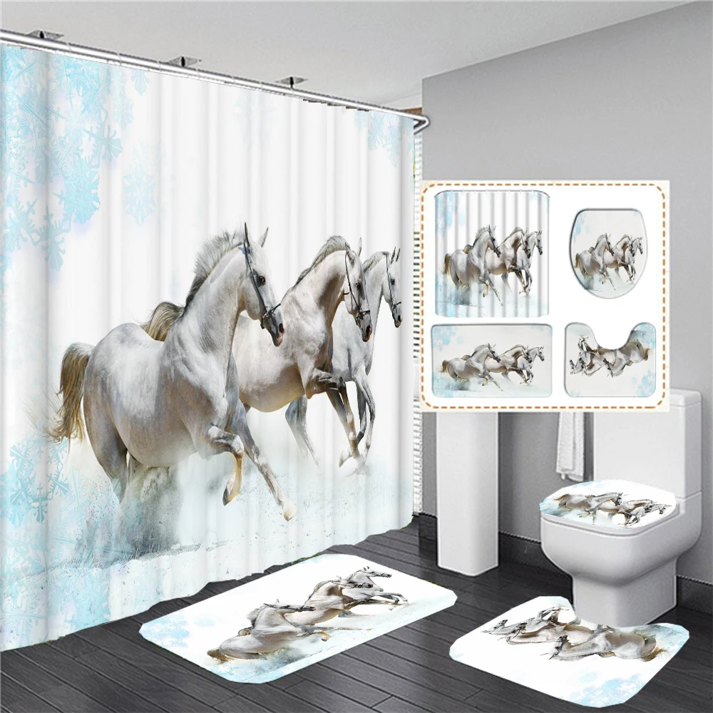 Running Horse Print Bathroom Set Shower Curtain with Anti-slip Flannel Bathing Mat Doormat Toilet Lid Cover Home Kitchen Carpet