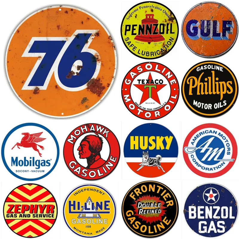 Gas Station and Motor Oil Reproduction Aged Vintage Round Metal Tin Signs Nostalgic Posters Wall Decor for Garage Culb Bar Cafe