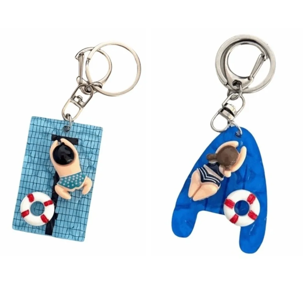 Small Acrylic Pool Floating Board Keychain Blue Yellow Decorative Swimming Figure Pendant Creative Alloy Bag Charm Beach