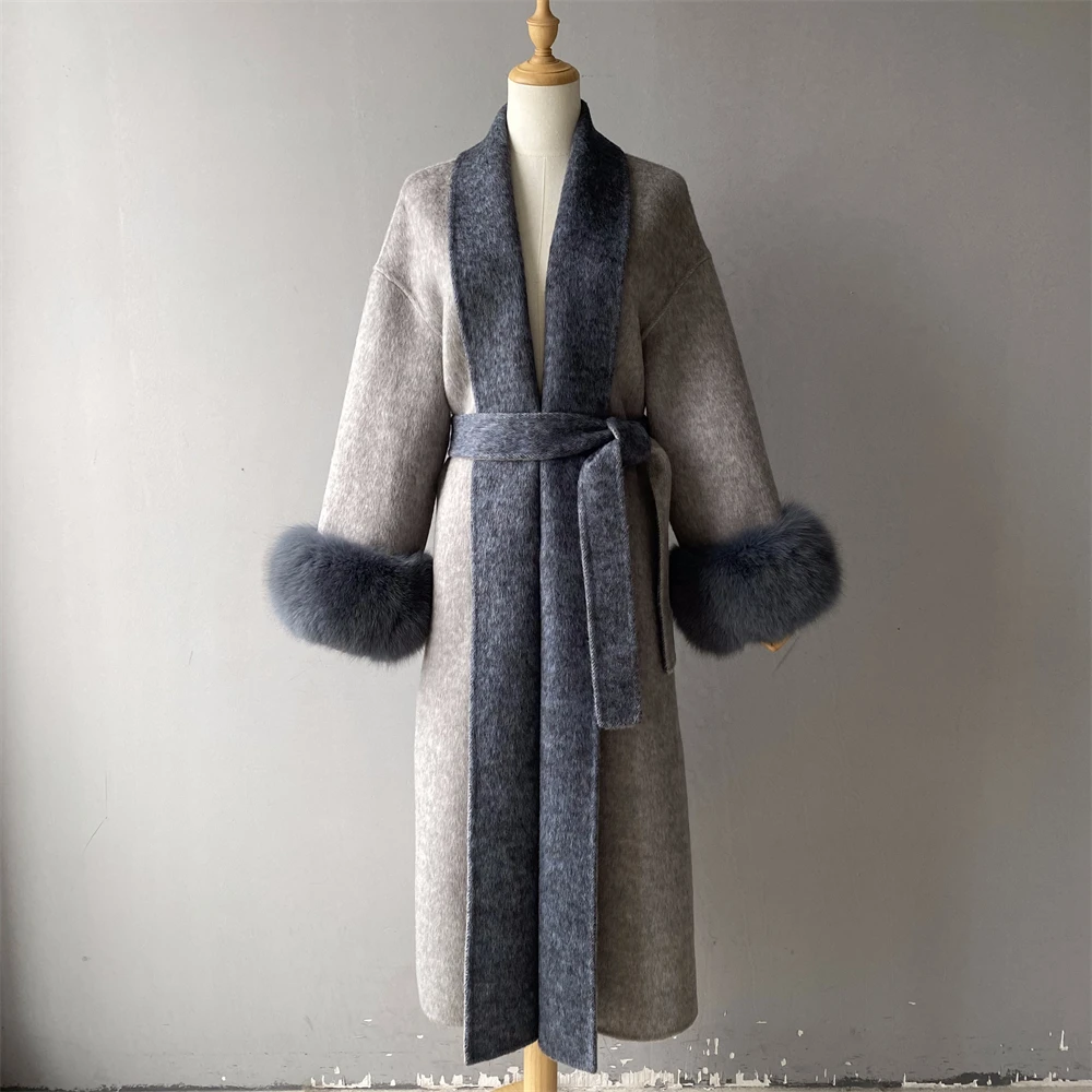

Luxyonuo Women Winter Coat Double Faced Cashmere Wool Coats with Real Fox Fur Cuffs Two Colors Woolen Long Jacket 2025 New Style
