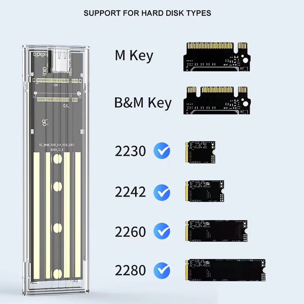 Obudowa M.2 NVME SATA SSD USB3.1 Gen 1 10 Gb/s typu C Przezroczysty zewnętrzny adapter SSD do dysków SSD M2 2230/2242/2260/2280 bez narzędzi