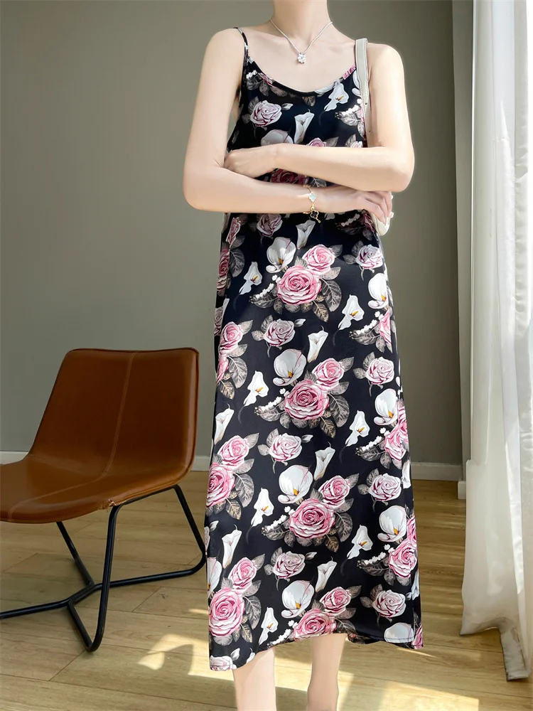 Damen Urlaubsdruck Acetat Satin A-Linie Dr Sommer Blumen Csole Midirock V-Ne Svel Casual Ele Sle