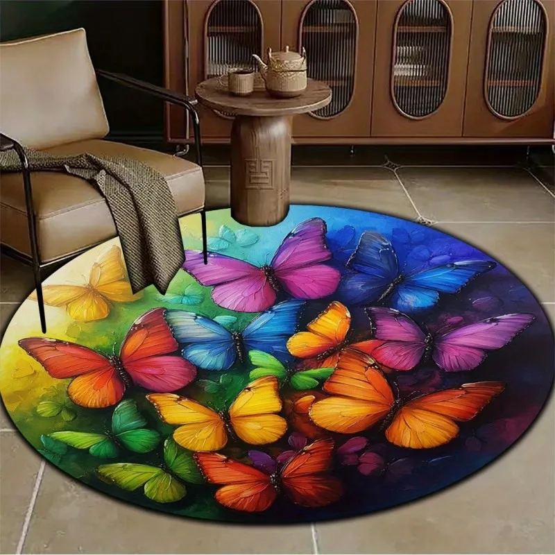 Butterfly Round Rug Living Room Carpet Colorful 3D Animal Art Bedroom Floor Mat