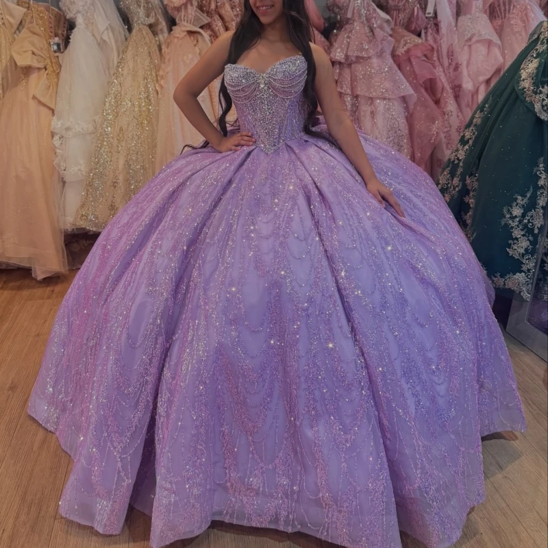 

Light Lilac Shiny Quinceanera Dresses Off The Shoulder Beading Crystal Tull Party Birthday Sweet 16 Dress Vestidos 15 De Anos