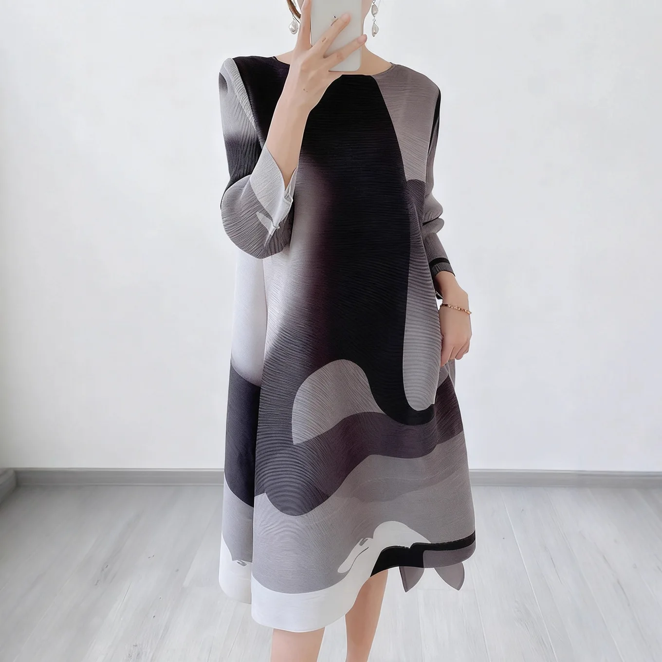 

Loose Dance Women's Dress Geometric Print A-Line Skirt High Waist Polyester Fabric plus Size Slimming Midi Dress for Ladies