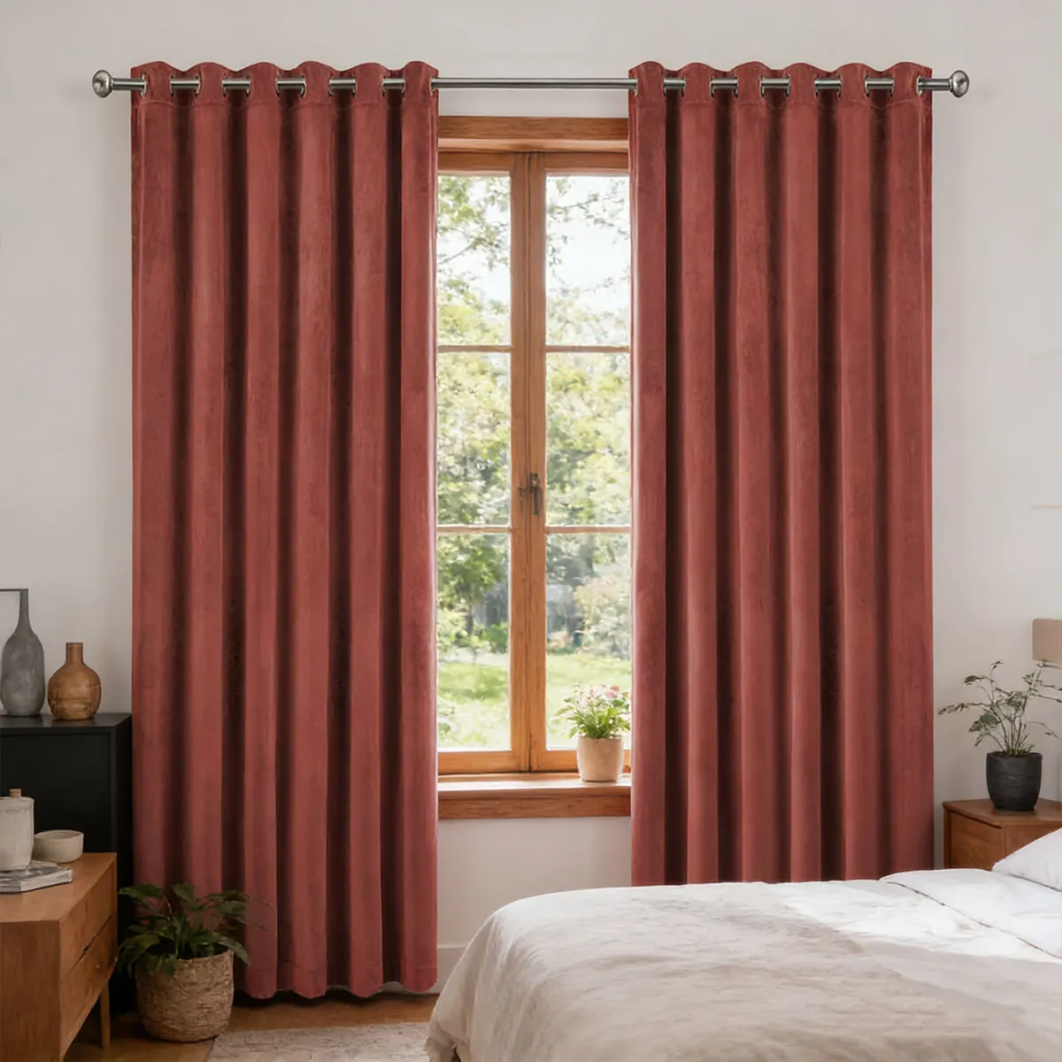 Terracotta Red Velvet Grommet Curtain, Light Blocking Privacy Drape for Wabi-Sabi Bedroom Living Room Balcony Home Decor