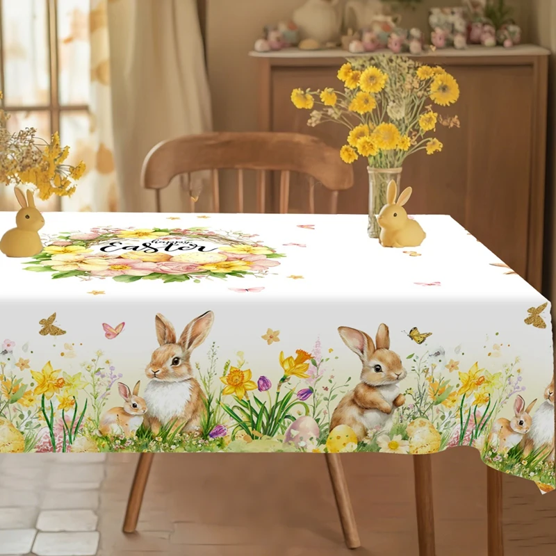 Spring Floral Easter Tablecloth Bunny Eggs Garden Tablecloth Rustic Easter Decorations for Home 2026 Kitchen Dining Table Cover